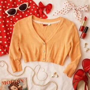 Fervour‎ Cropped Cardigan Peach Orange V-Neck 3/4 Sleeve Button Front Shrug M